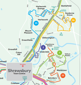 Image of the various public transport routes serving the north-east of Shrewsbury including the number 24 bus