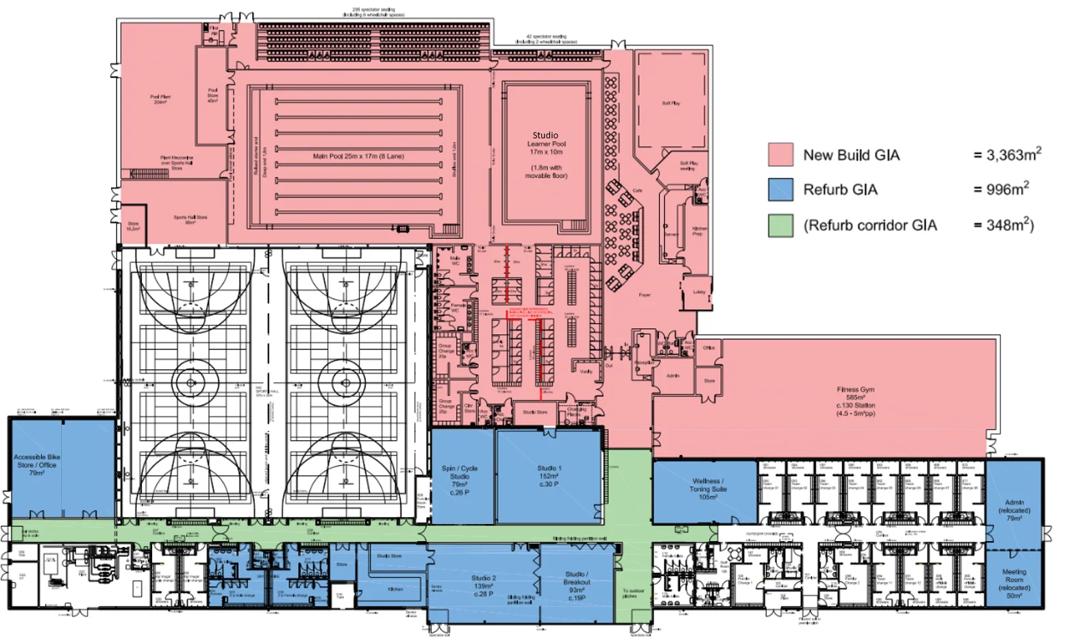 Shrewsbury Sports Village - Proposed building layout showing the refurbished sections of the existing building and the new sections to be built