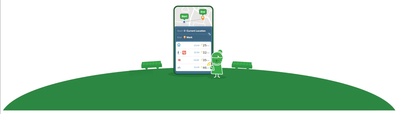 Greenie Figure With Phone On Hill With Buses