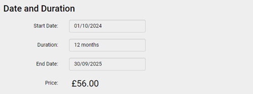 A screen to show you the date and duration of your subscription.