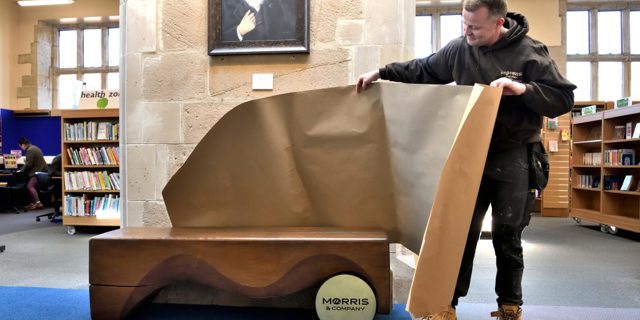 Handcrafted bench gifted to Shrewsbury Library by Morris & Company